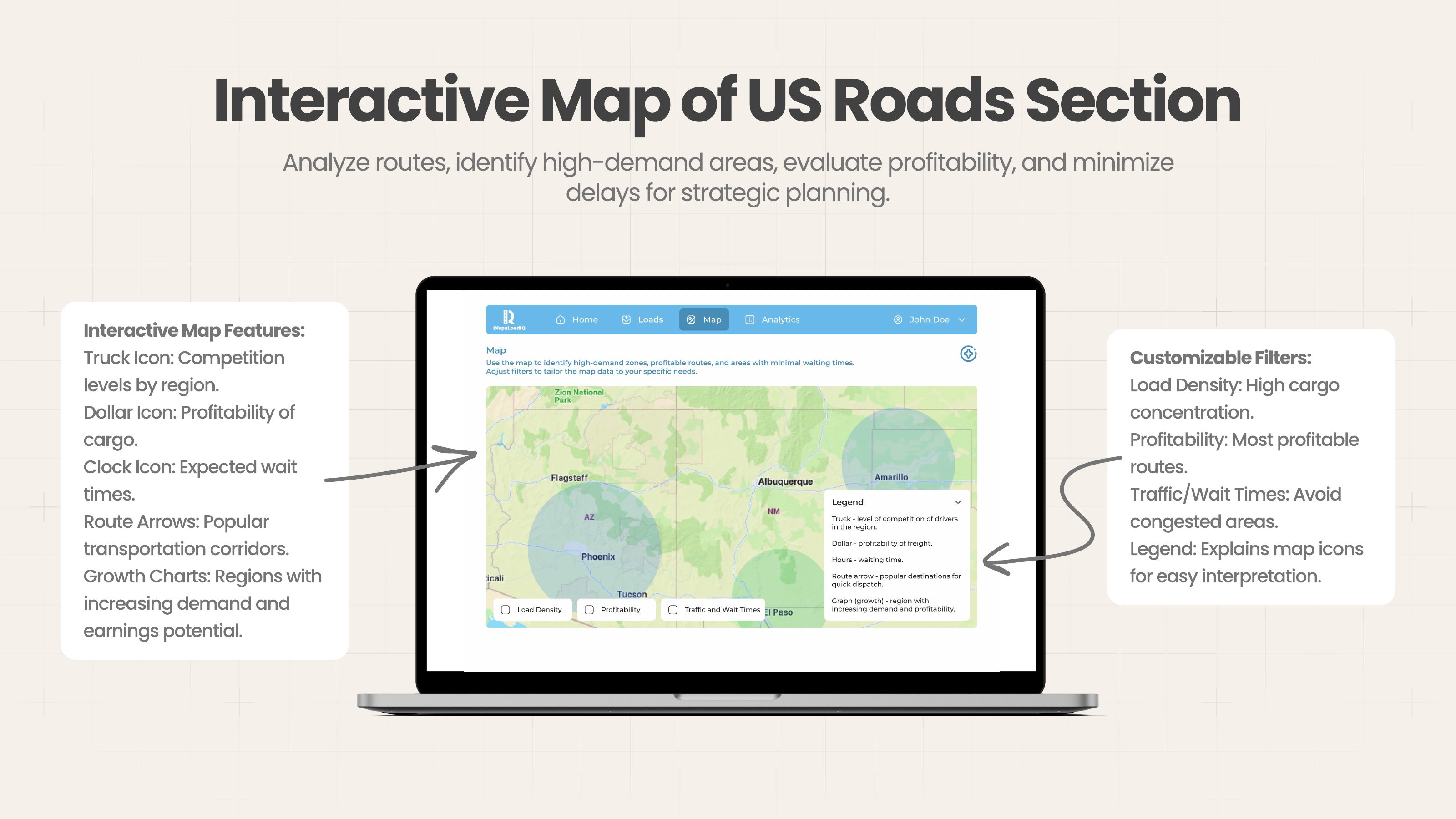 DispaLoadIQ Interactive US Map — load density, profitability, and traffic filters