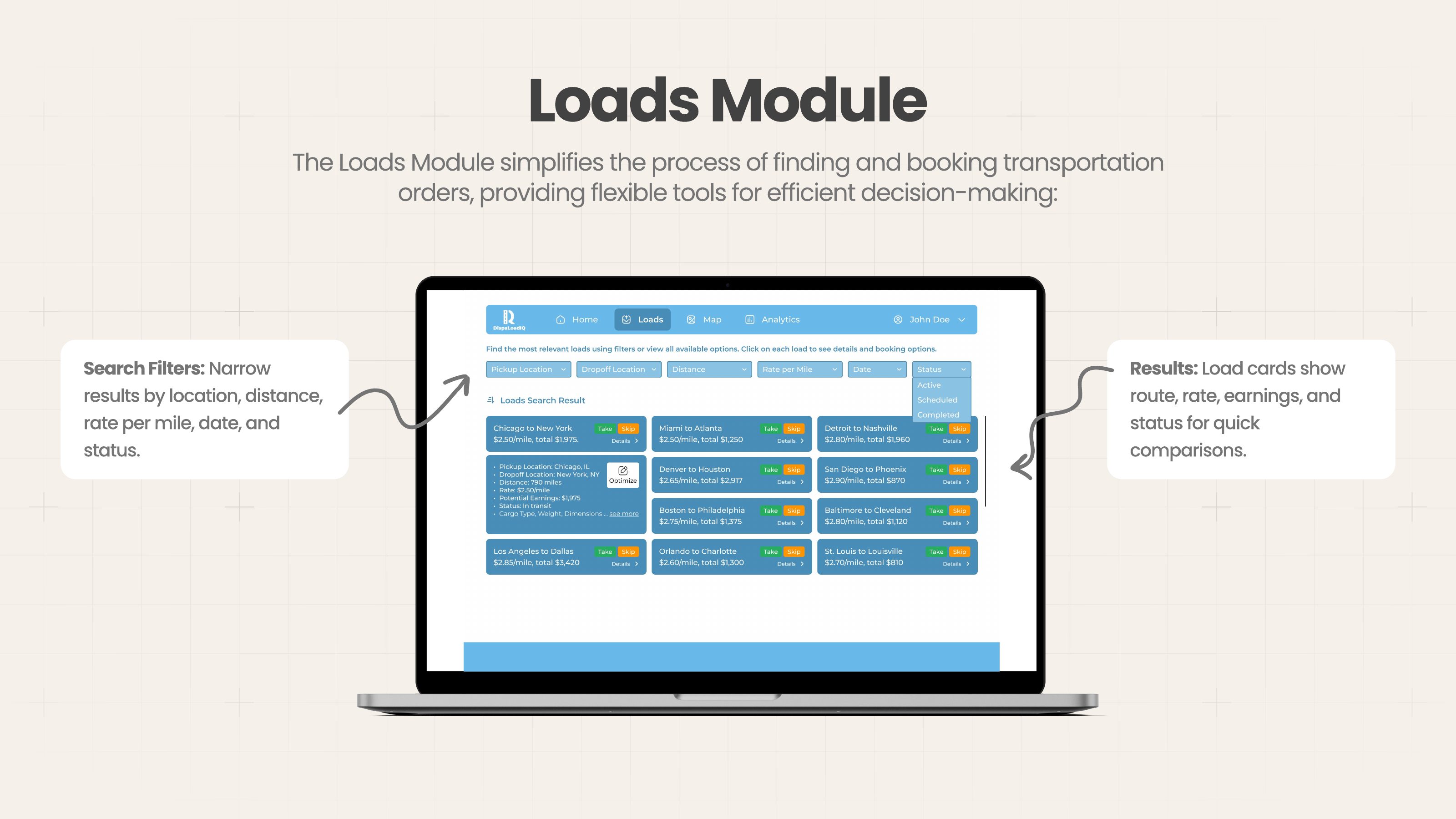 DispaLoadIQ Loads Module — search filters and load cards with rates