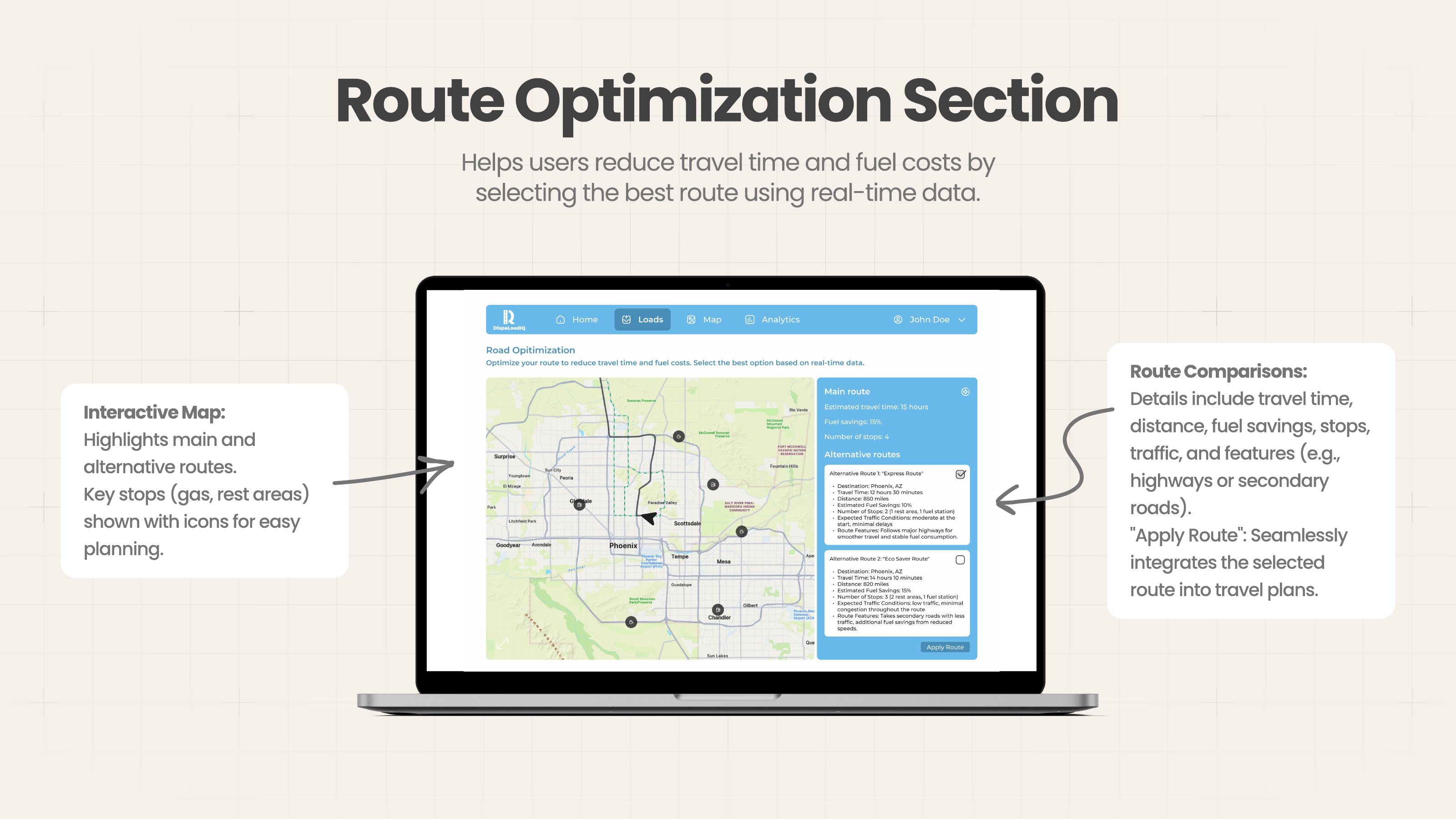 DispaLoadIQ Route Optimization — map with route comparison and fuel savings